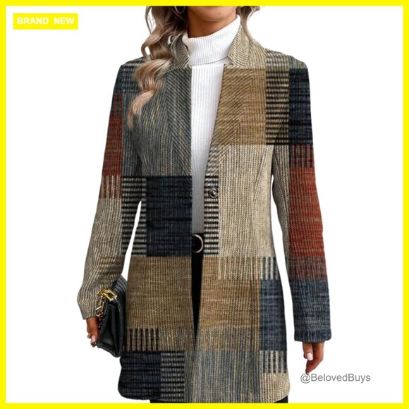Long Blazer Jacket Open Front Loose Fit Plaid Work Office Casual Outerwear